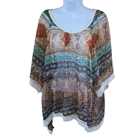 Boho Chiffon Poncho Top By NY Collection Size L peasant cottagecore colorful - Picture 3 of 5
